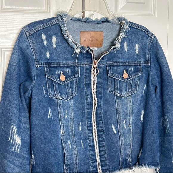 The One 5 One Denim Jacket Medium Blue Distressed Zip Front - Picture 3 of 13